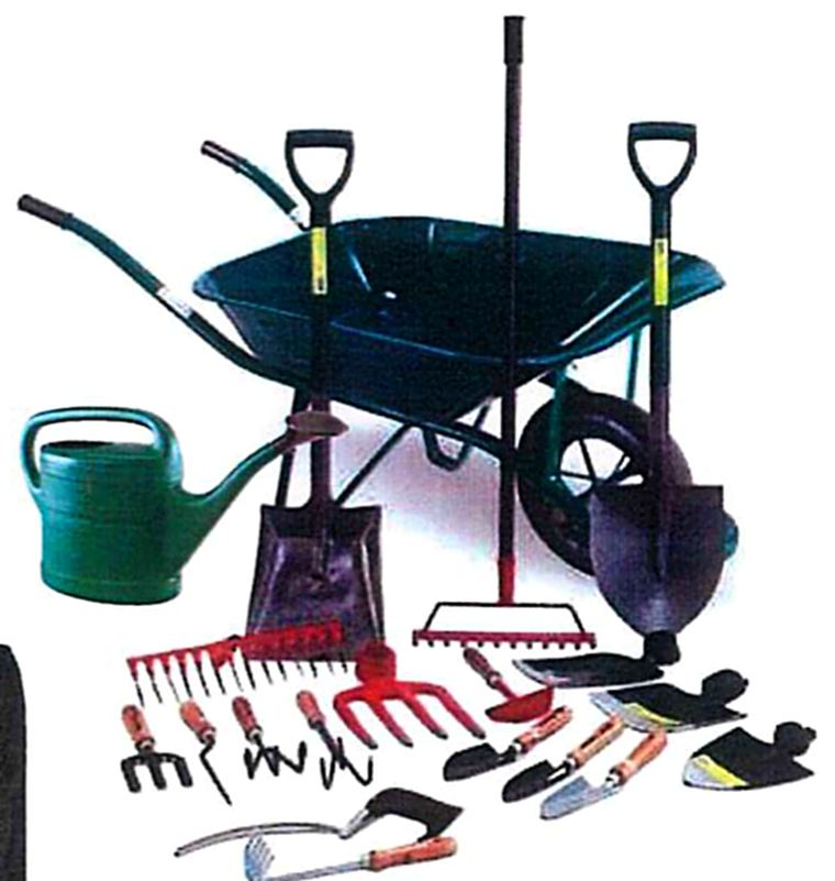 Wheelbarrow and farm tools